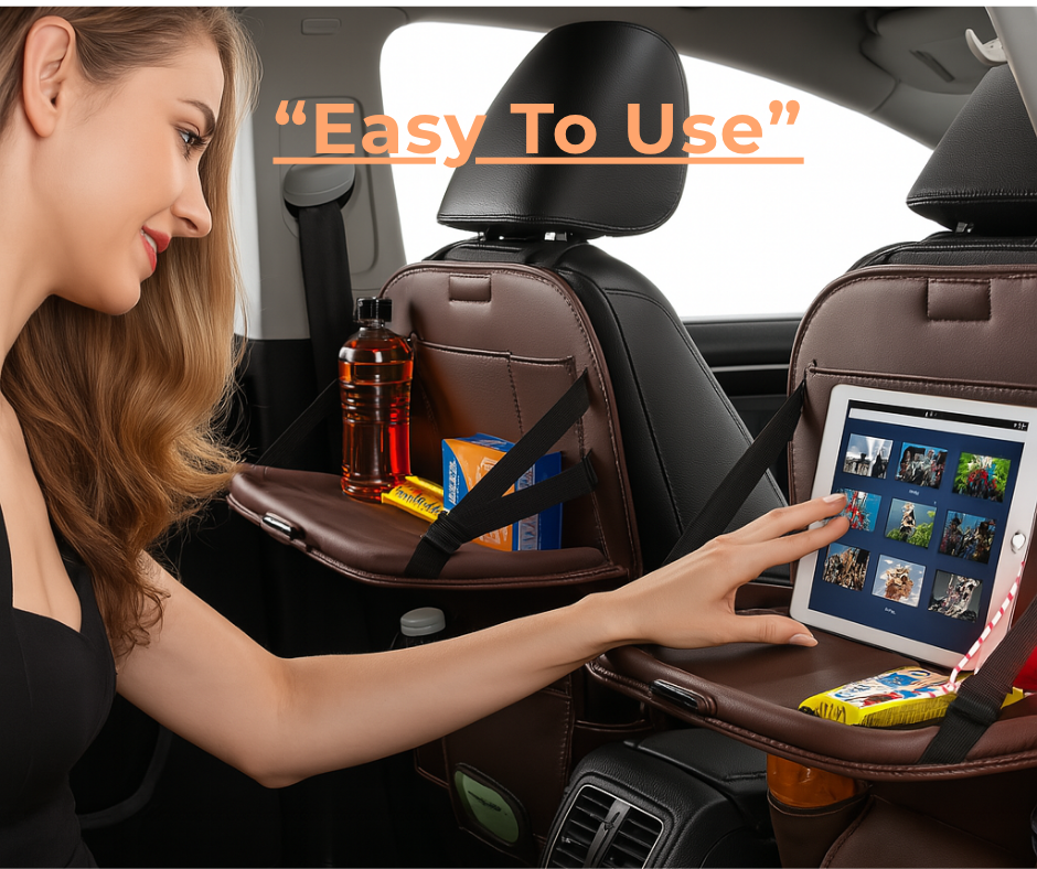 Premium Leather Car Seat Organizer with Foldable Table & Multi-Pocket Storage